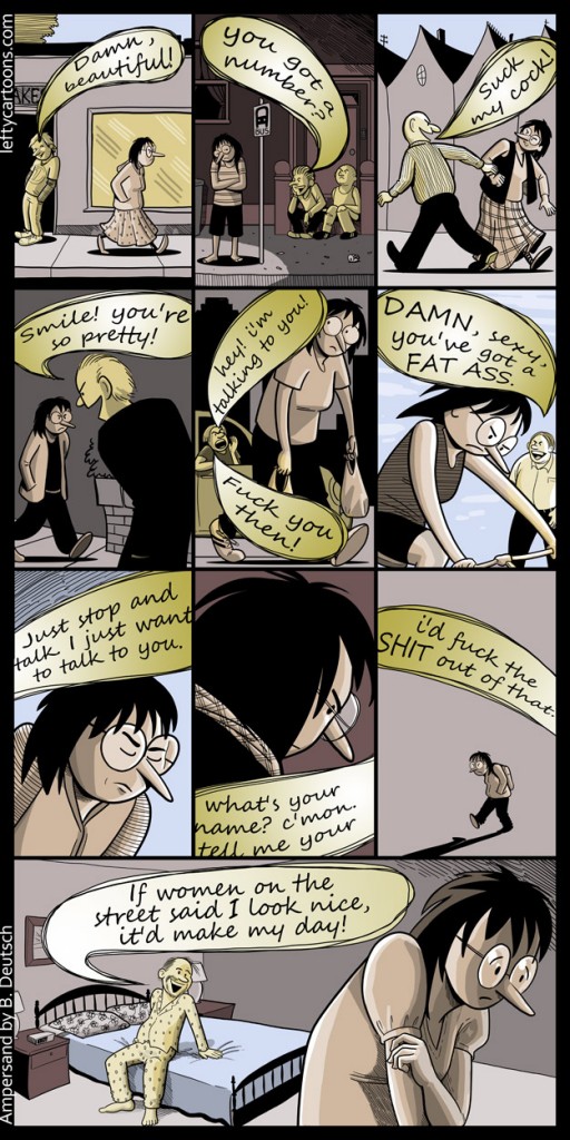 Comic illustrating a woman being harassed on the street