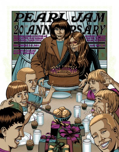 Justin Hampton’s PJ20 poster, featuring Neil Young, Gloria Steinem, and young Pearl Jam members.