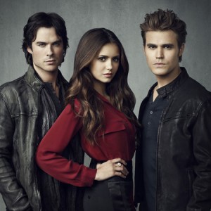 Damon, Elena, and Stefan on The Vampire Diaries.