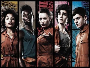 Alisha (Antonia Thomas), Curtis (Nathan Stewart-Jarrett, Kelly (Lauren Socha), Nathan (Robert Sheehan), and Simon (Iwan Rheon)