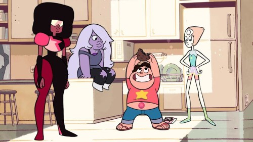 Garnet, Amethyst, Steven, and Pearl in the first episode.