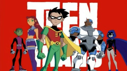 (Left to right) Beast Boy, Starfire, Robin, Cyborg, and Raven