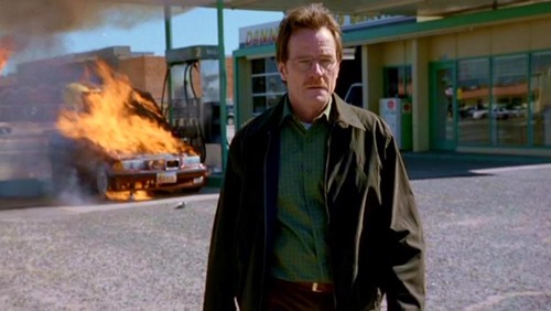 Bryan Cranston walks away from a flaming car in season one of Breaking Bad