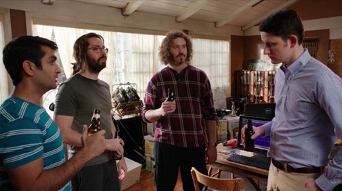 TJ Miller, Zach Woods, Kumail Nanjiani and Martin Starr drink beer in Silicon Valley