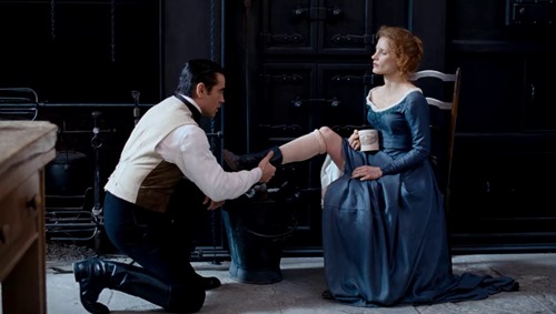 Colin Farrell and Jessica Chastain act out the boot-kissing scene in Miss Julie