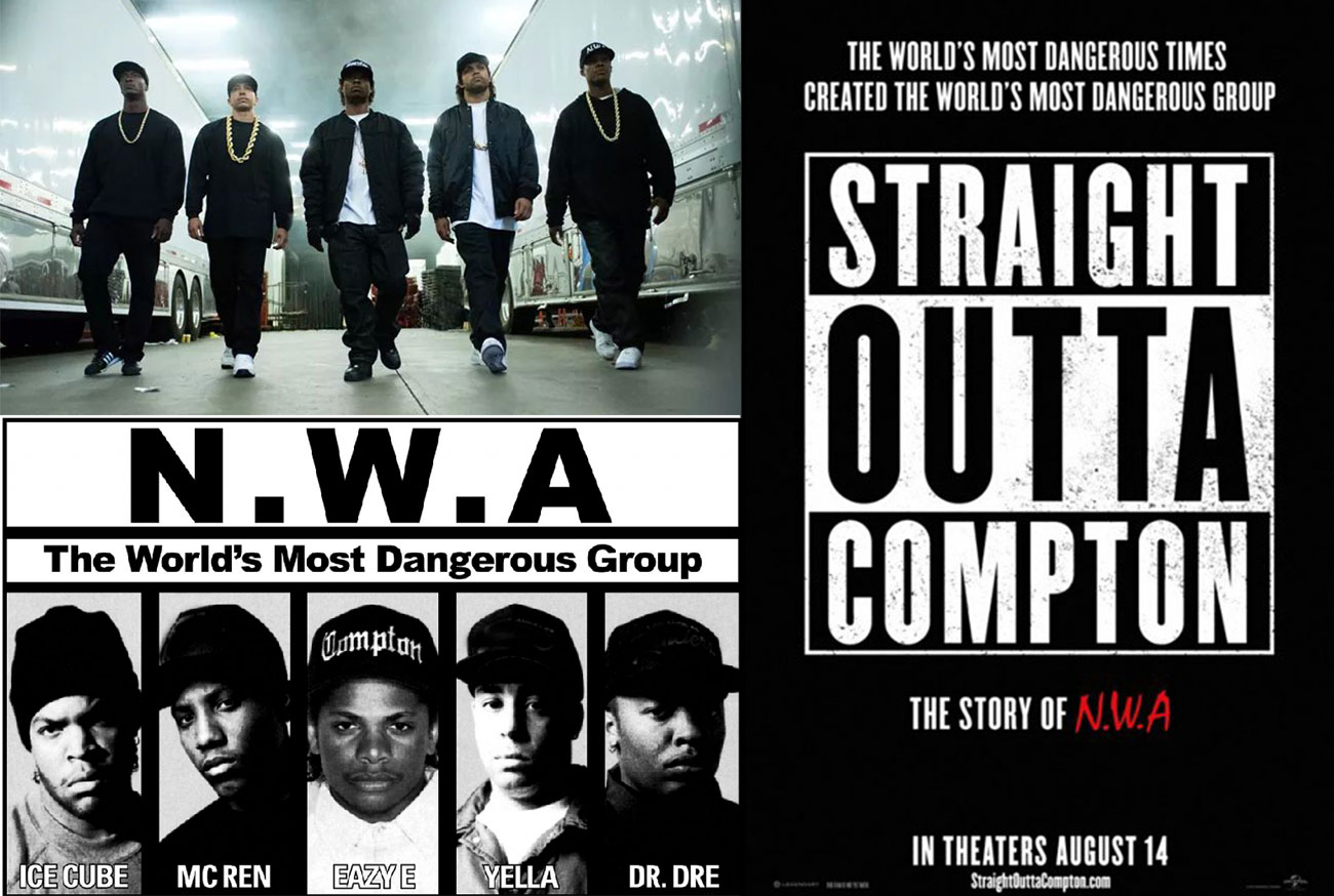 Straight Outta Compton poster featuring actors and original members of N.W.A.
